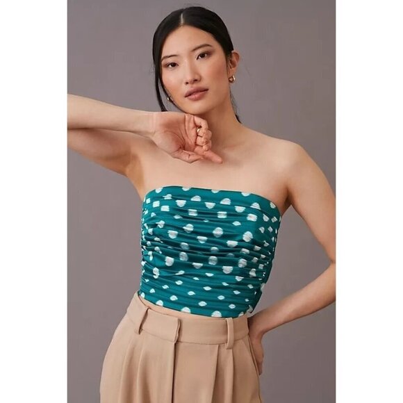 Hutch Polka Dots Strapless Pleated Blouse Back Zip Tie Back Stretch Womens 6 NWT - Picture 1 of 16